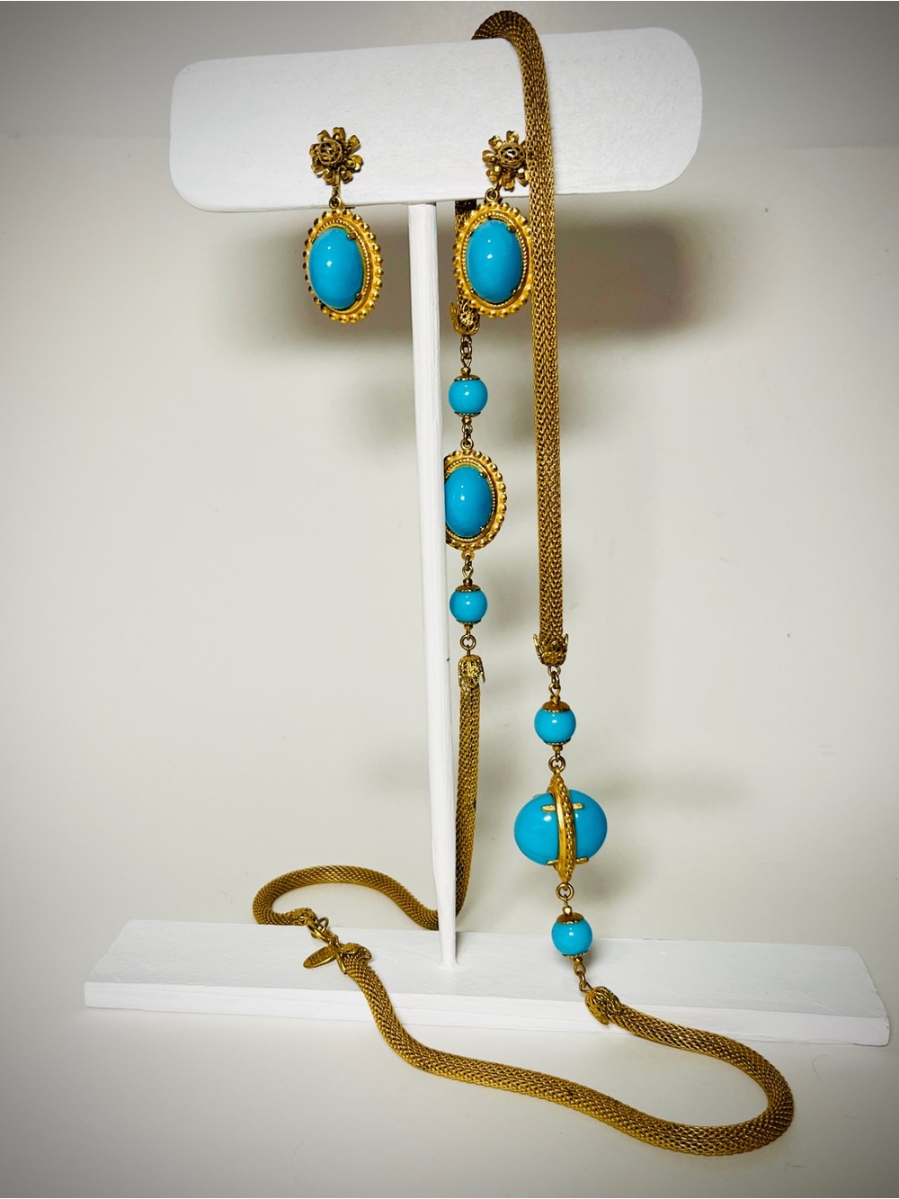 Miriam Haskell SET of SIGNED Turquoise Blue Golden Necklace & Screw Earrings VTG